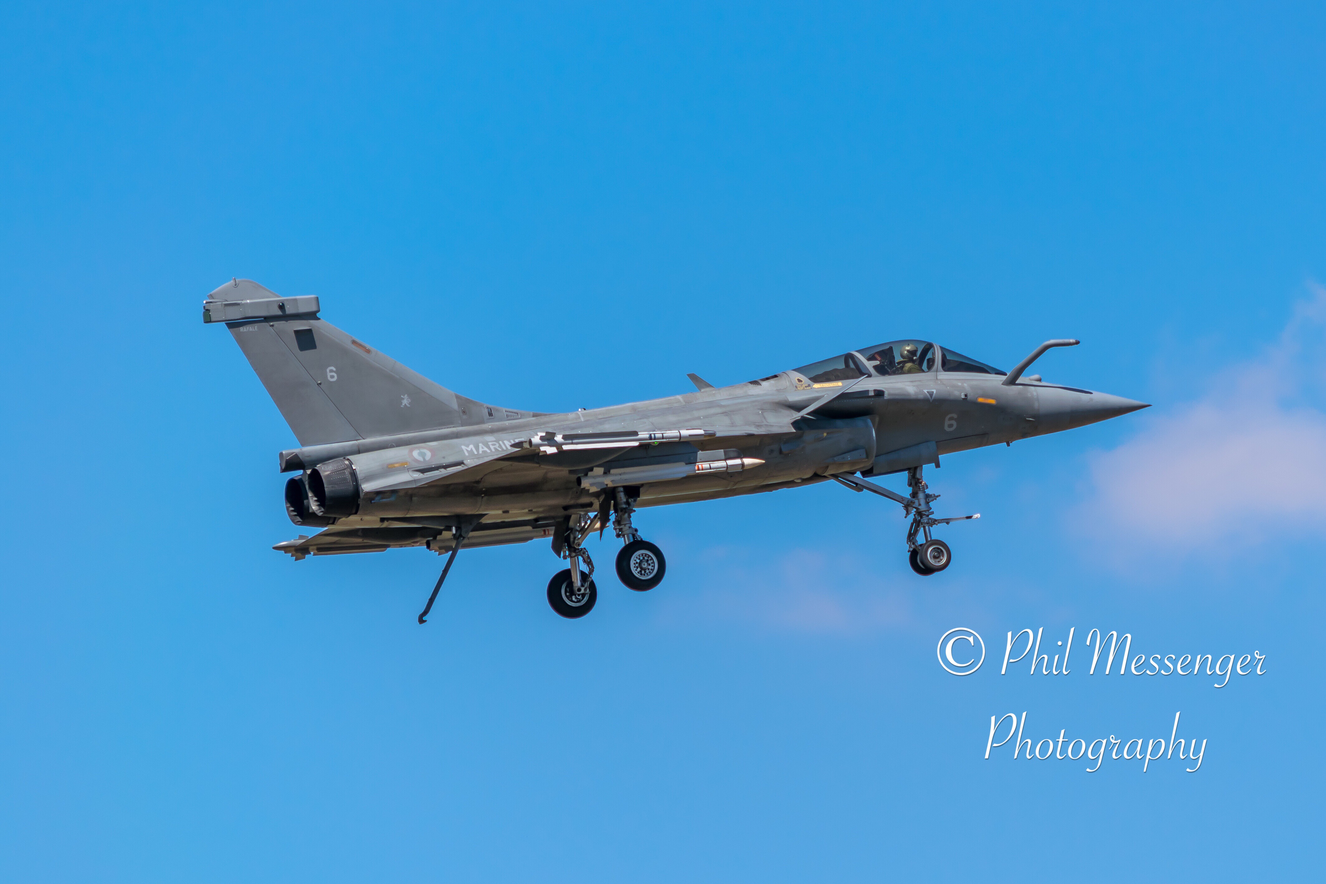 Dassault Rafale with undercarriage and cable arrest deployed. 
