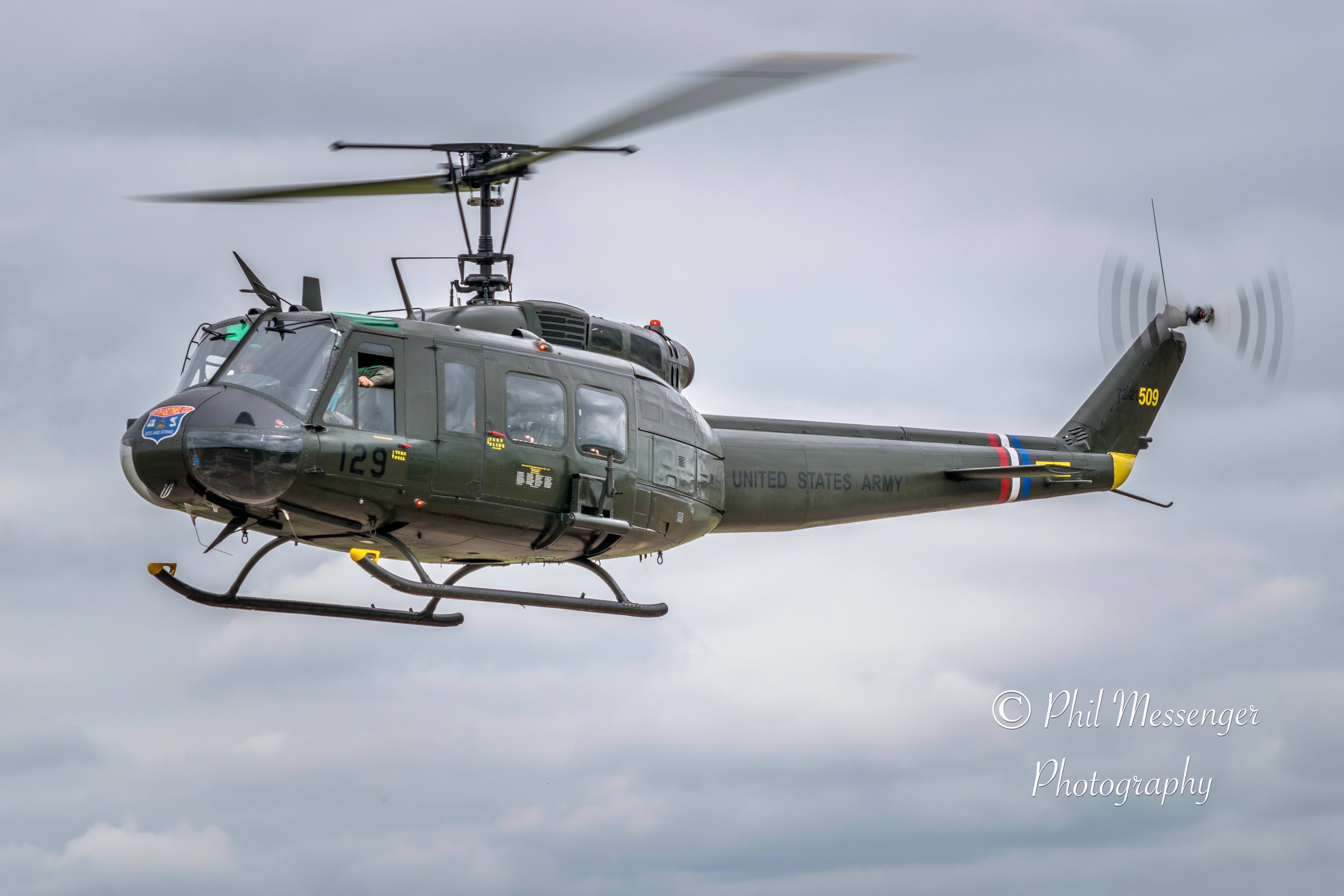 Bell UH-1H (Huey) Helicopter departing the Royal International Air Tattoo, Fairford, Gloucestershire.