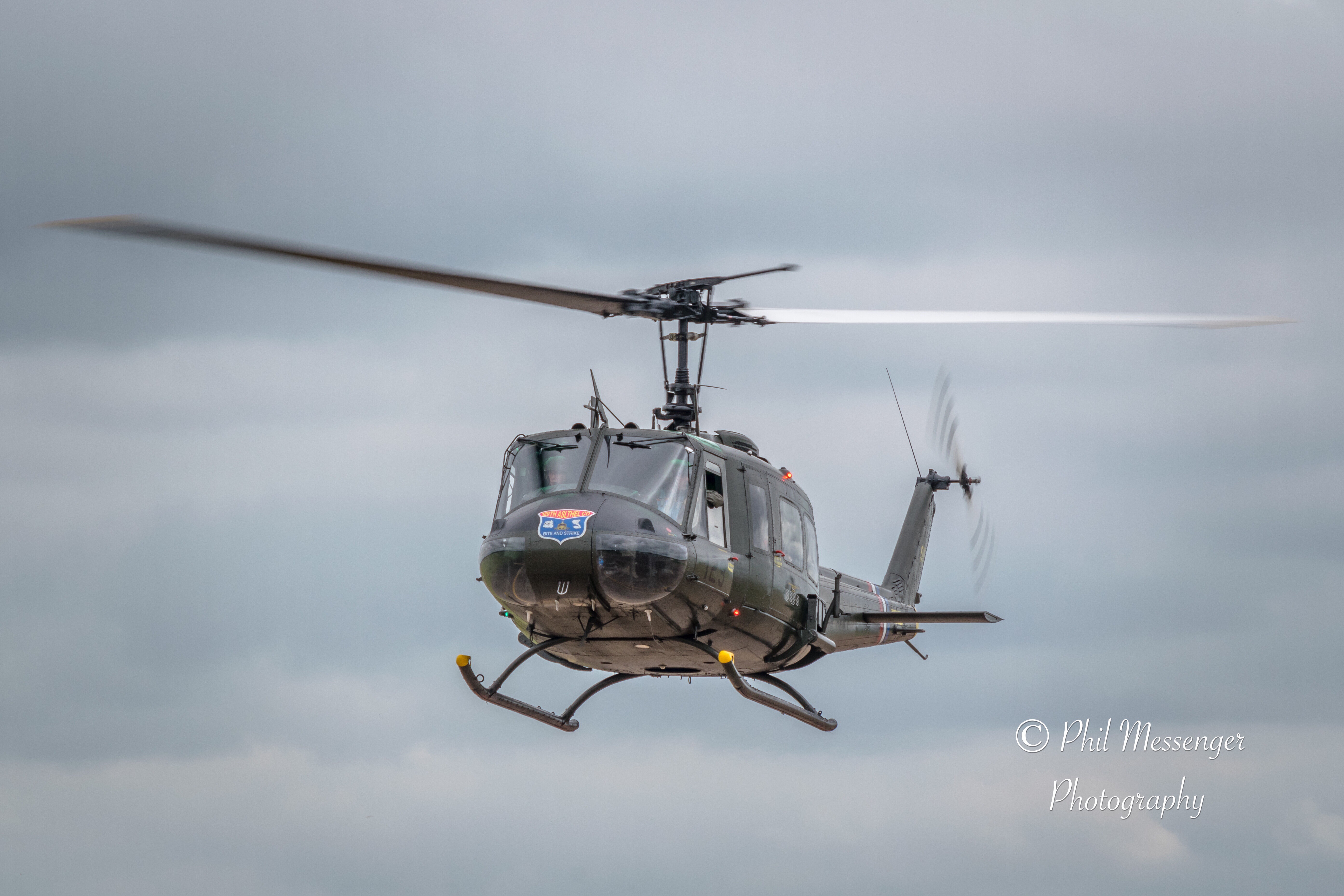 Bell UH-1H (Huey) Helicopter departing the Royal International Air Tattoo 2019.