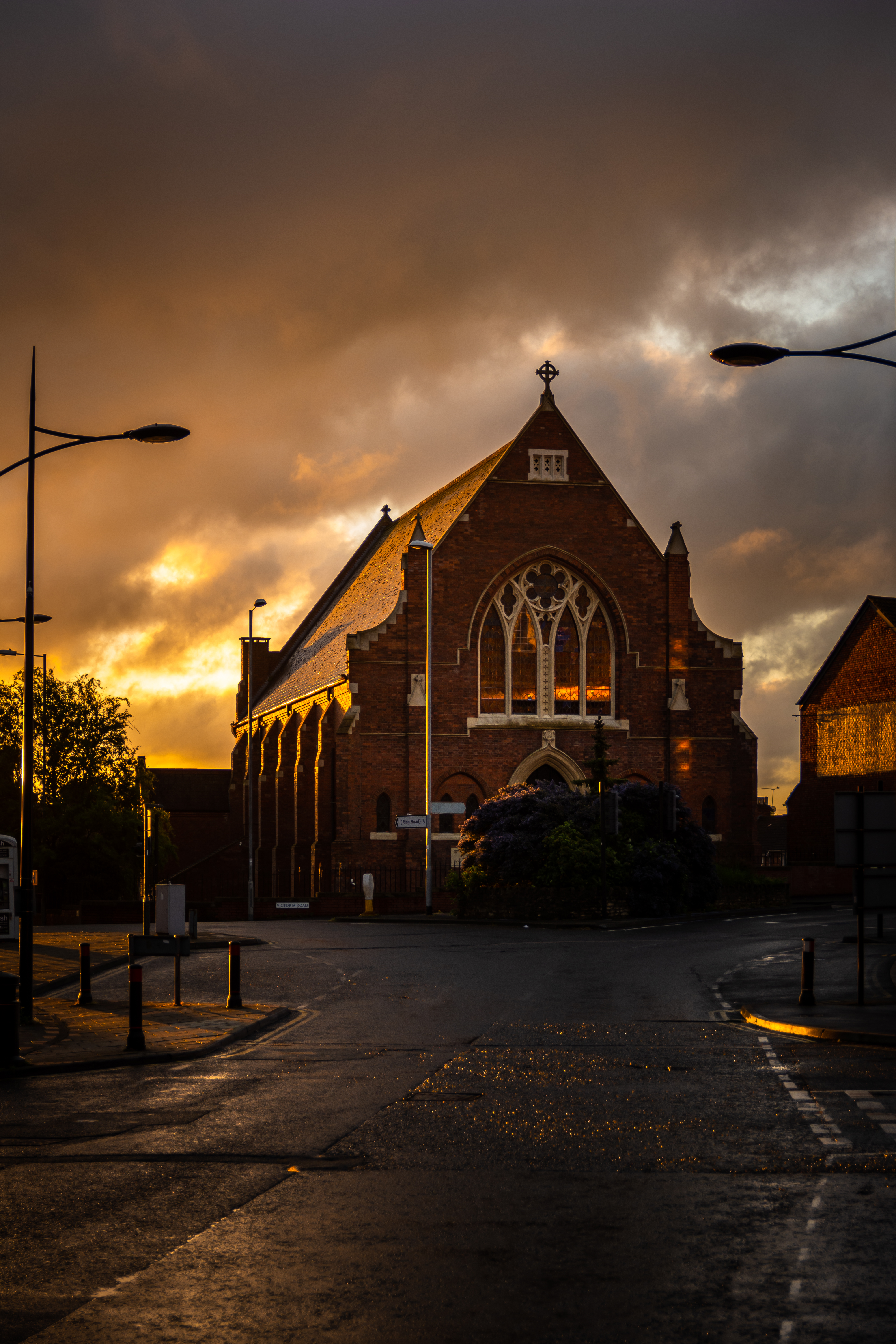 Formally Trinity Presbyterian now Trinity Day Nursery on the corner of Groundwell road and Victoria Road illuminated by the early morning sunrise.