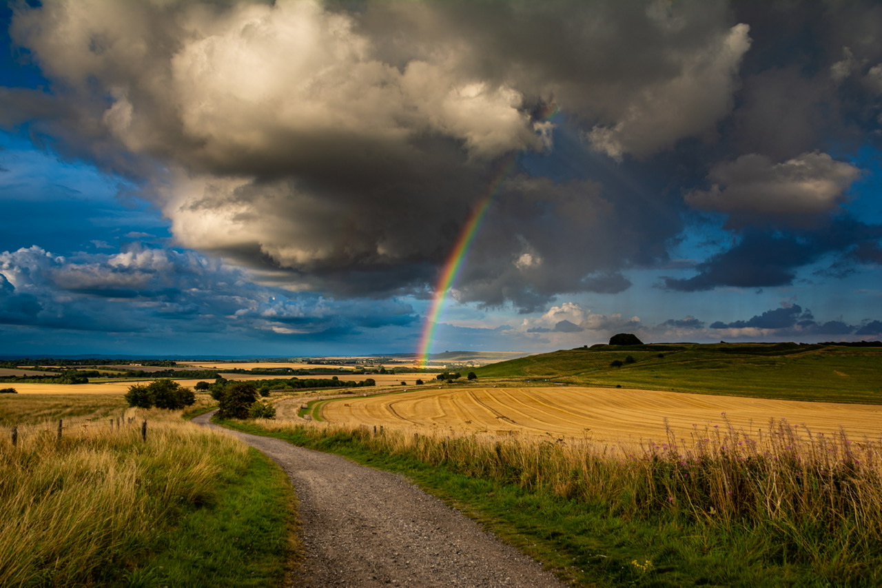 A rainbow over Barbury Castle, Wiltshire